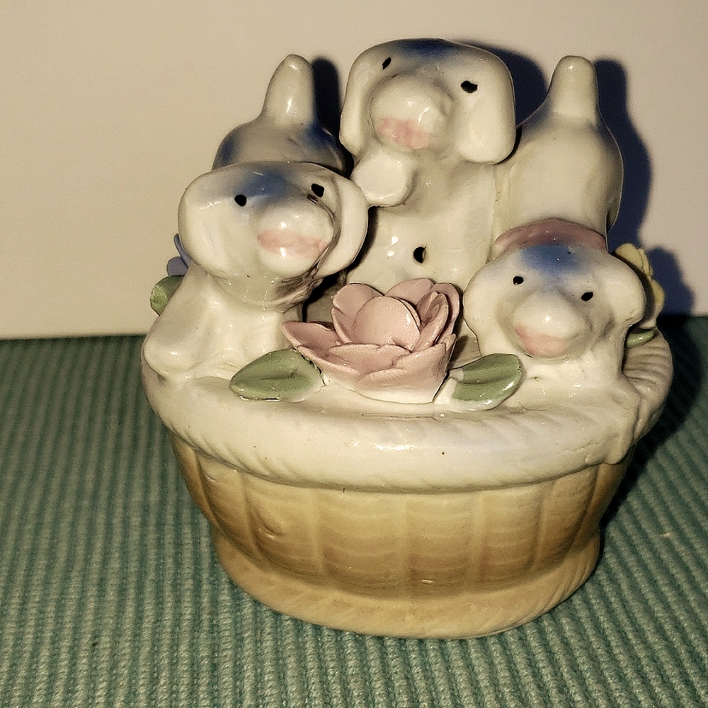 PUPPIES!  Vintage ,adorable ceramic glazed basket  of pastel blue  Capadimonte